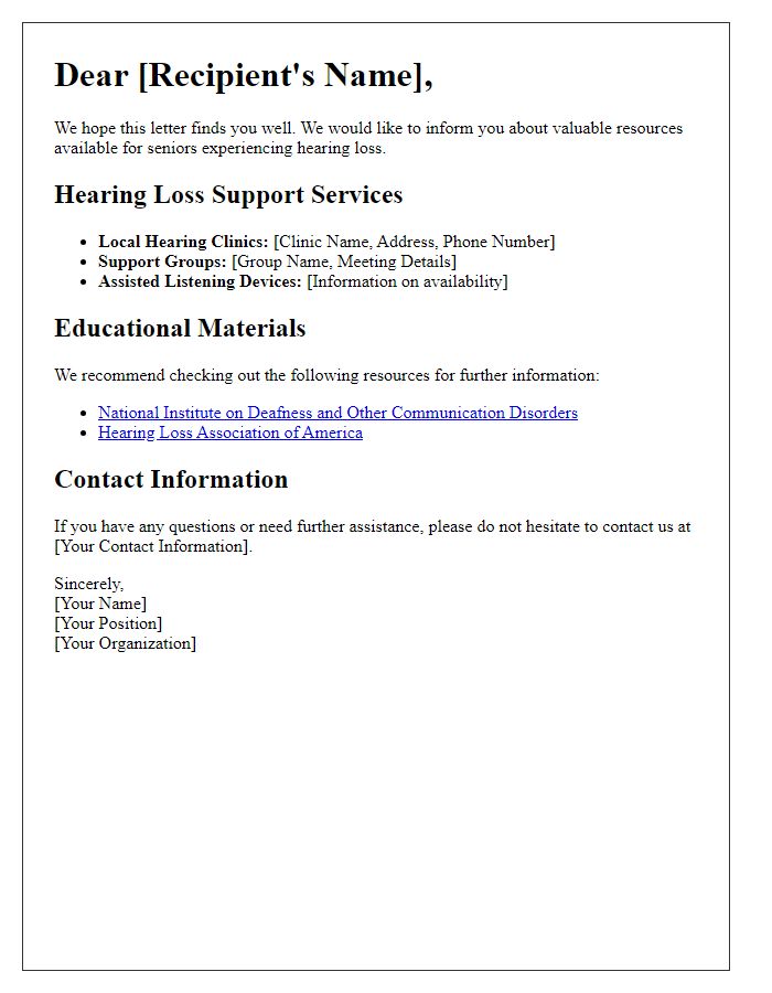 Letter template of information about senior hearing loss resources.