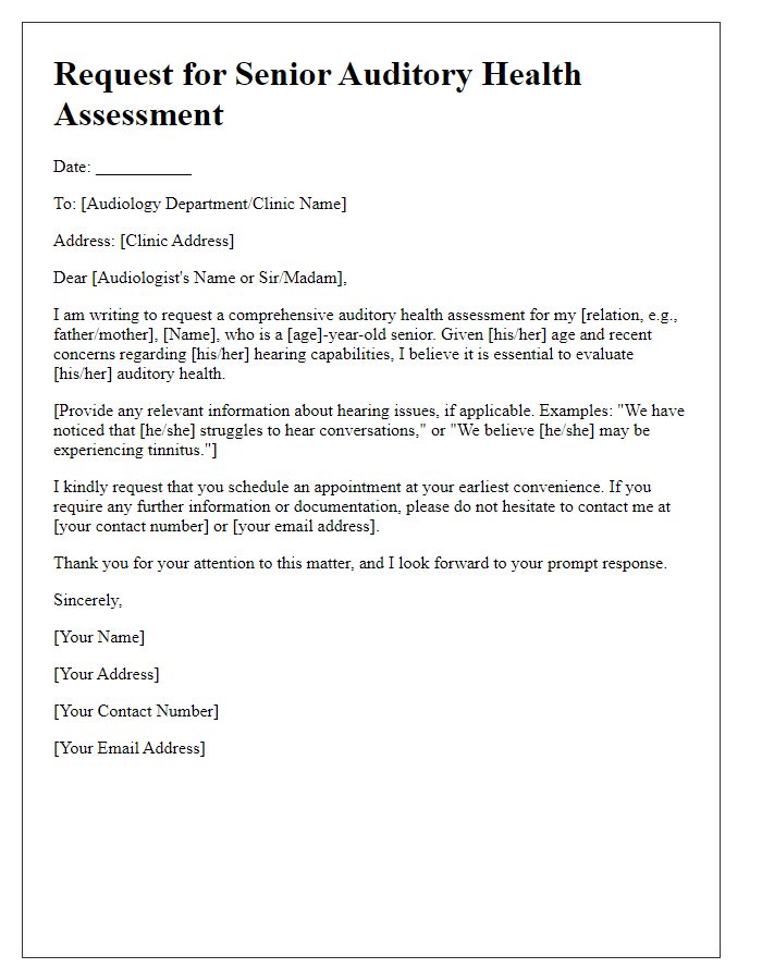 Letter template of request for senior auditory health assessment.