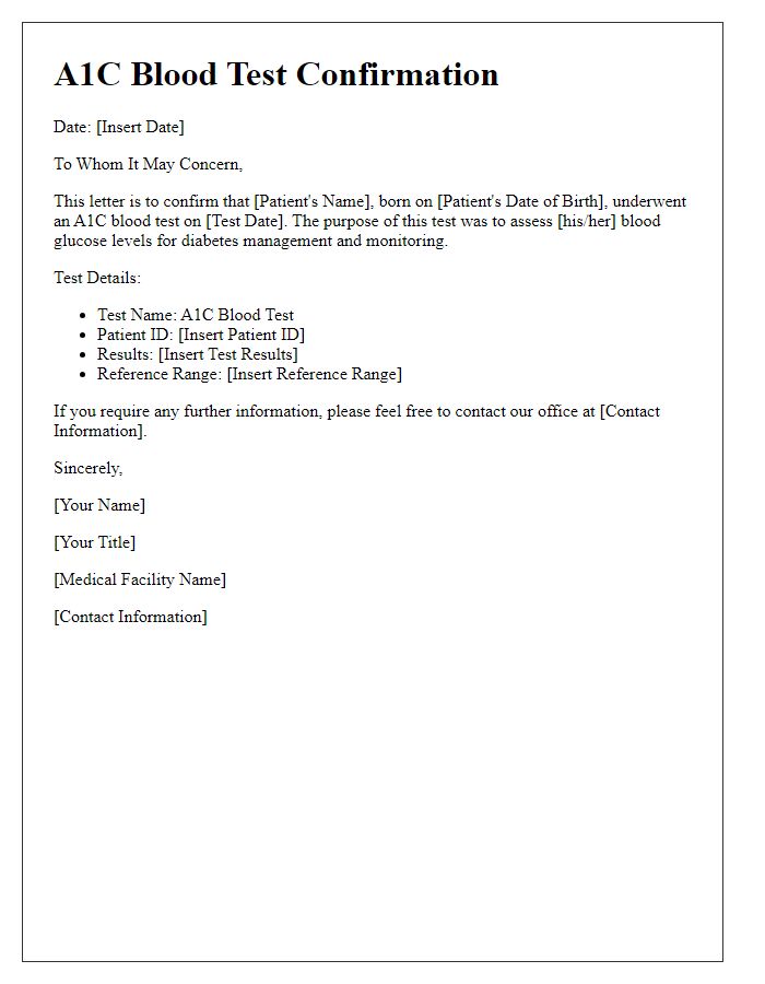 Letter template of A1C blood test confirmation for insurance purposes.