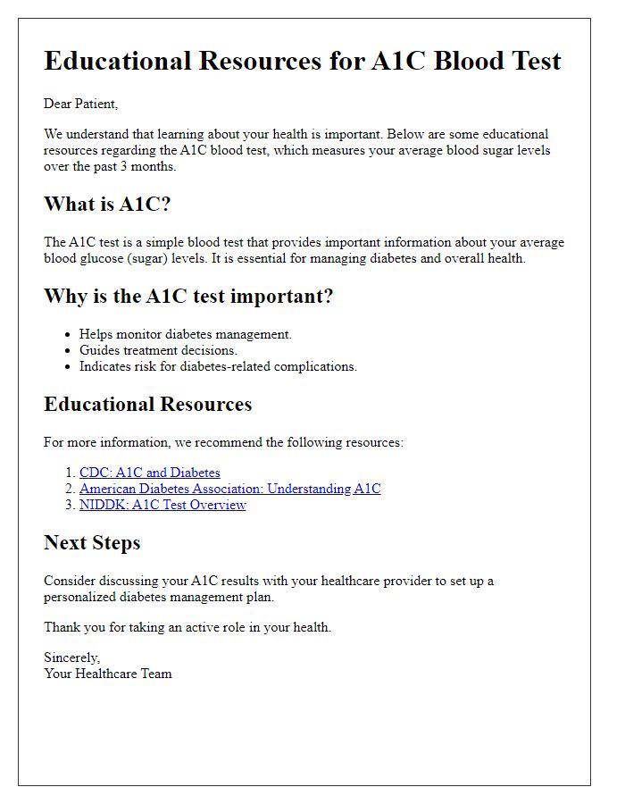 Letter template of A1C blood test educational resources for patients.