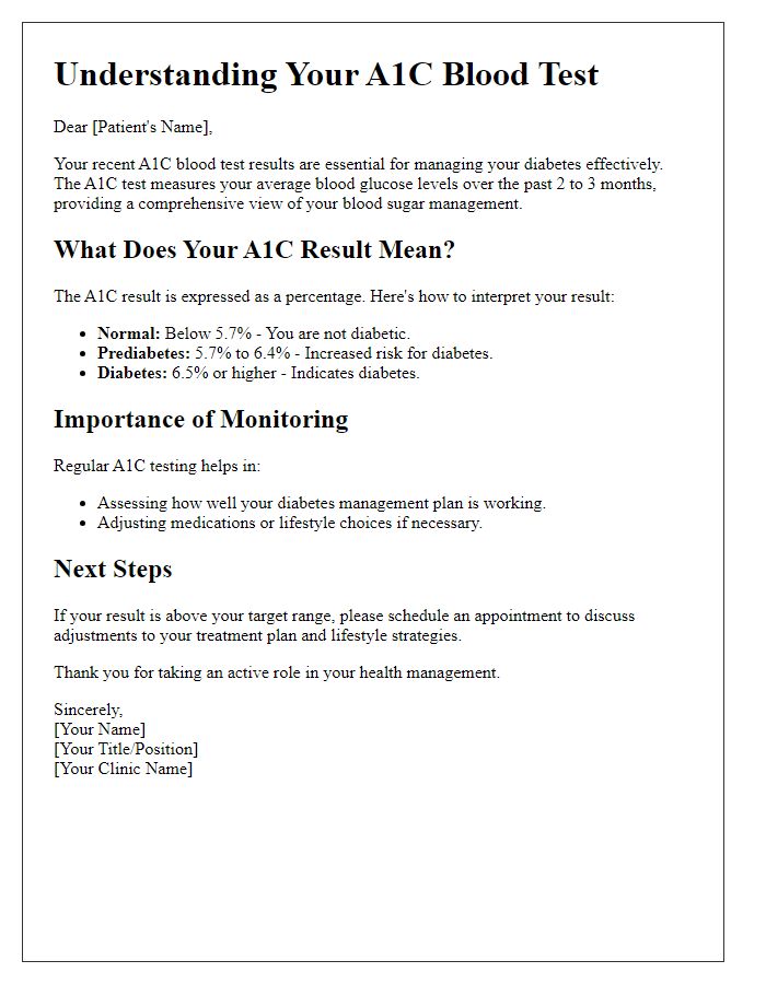 Letter template of A1C blood test explanation for diabetic management.