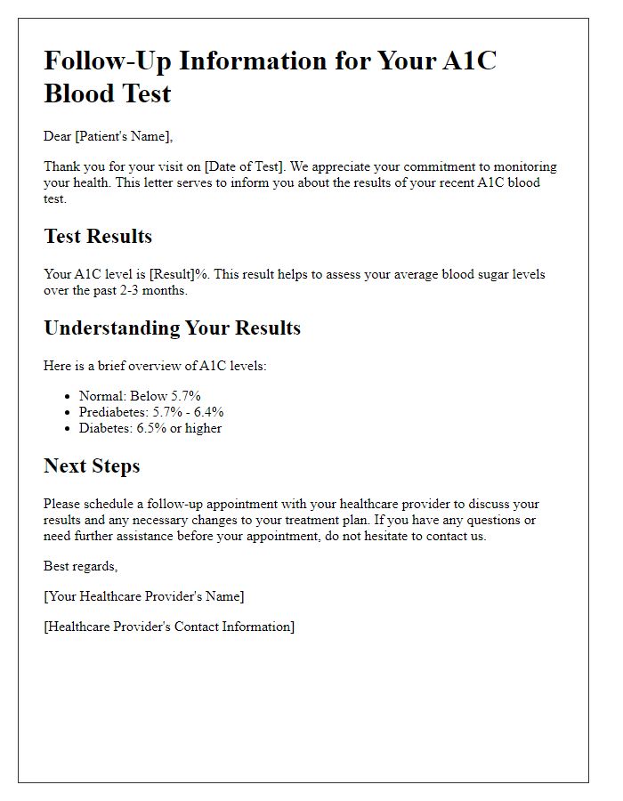 Letter template of A1C blood test follow-up information for patients.