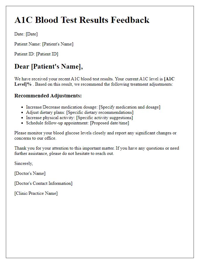 Letter template of A1C blood test results feedback for treatment adjustments.