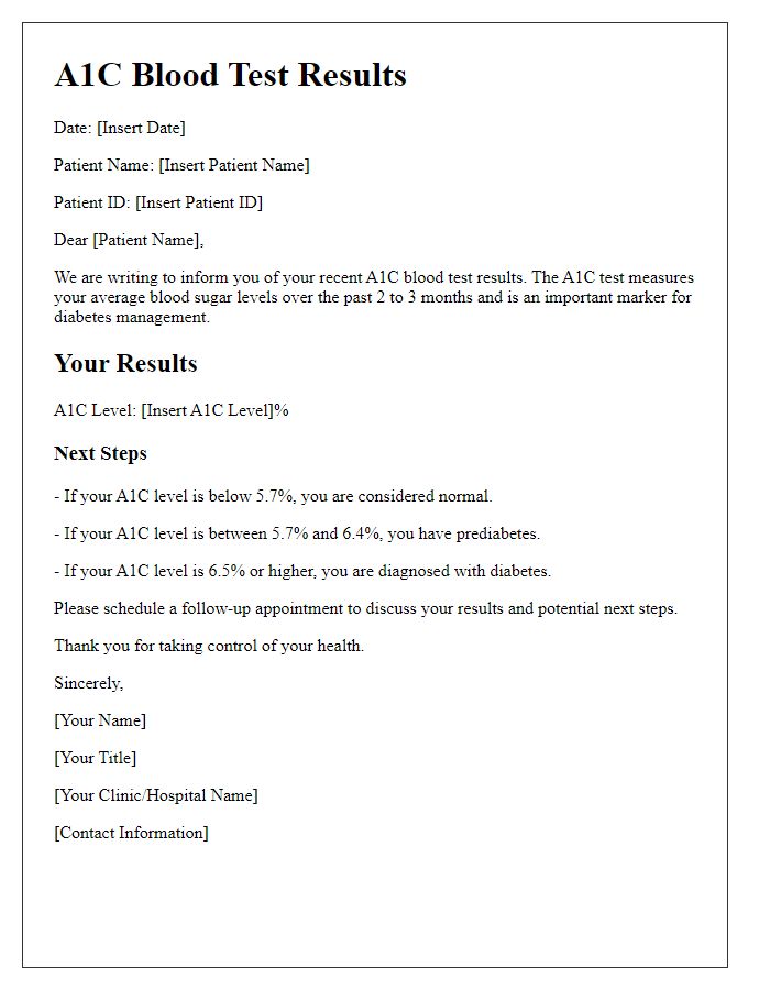 Letter template of A1C blood test results for patients.