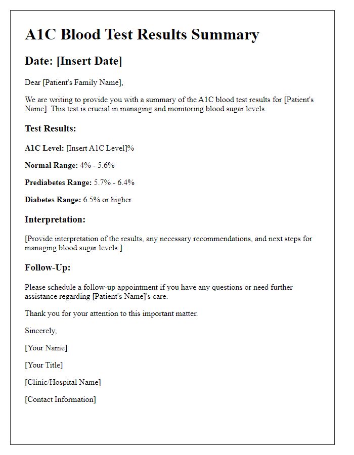 Letter template of A1C blood test results summary for families.