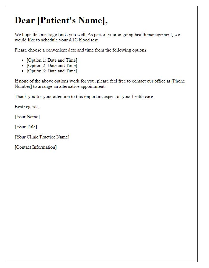 Letter template of A1C blood test scheduling for patients.