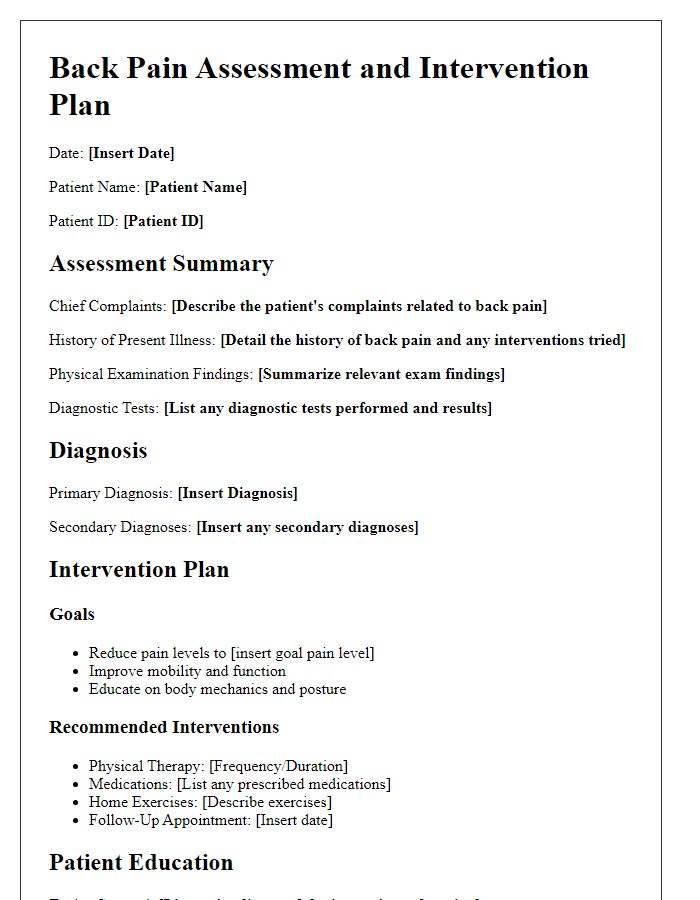 Letter template of back pain assessment and intervention plan