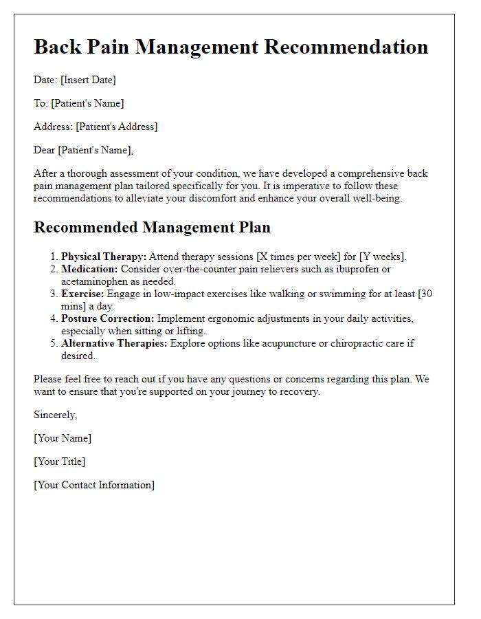 Letter template of back pain management recommendation