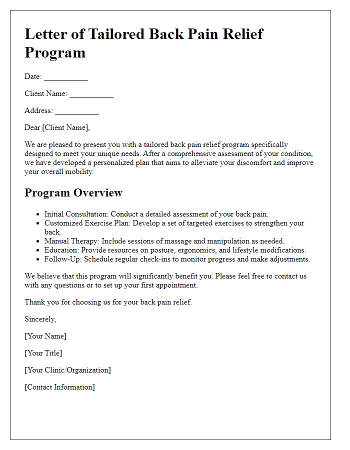 Letter template of tailored back pain relief program