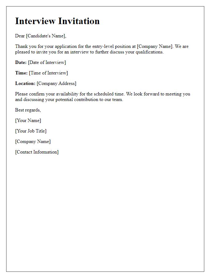 Letter template of job application interview invitation for entry-level position.