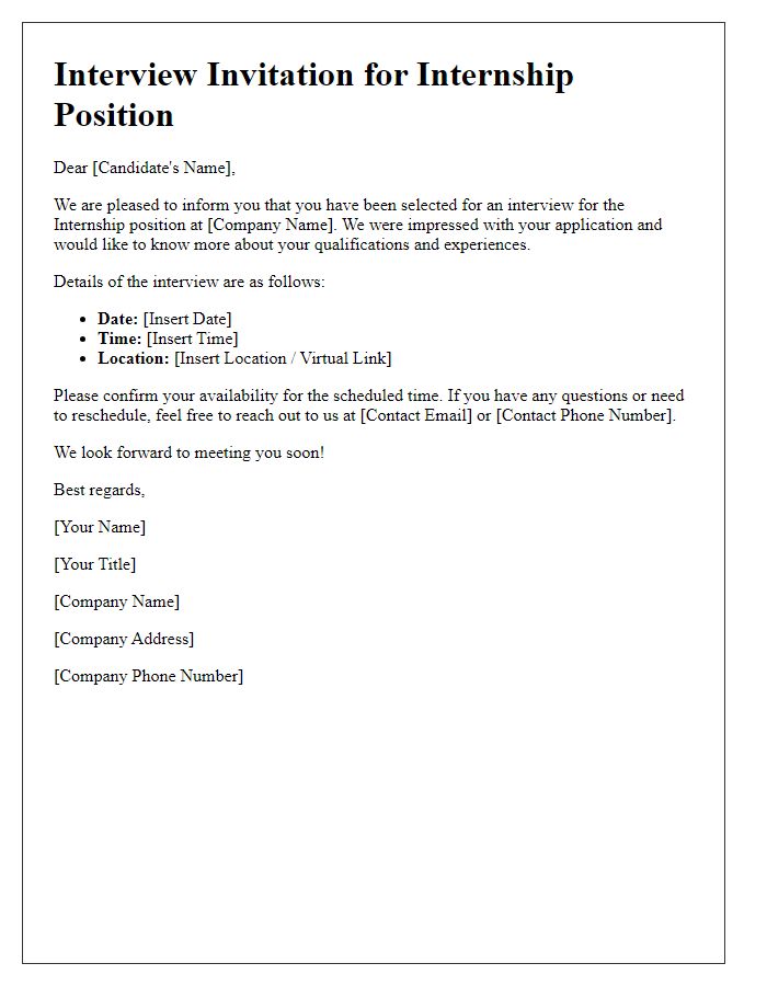 Letter template of job application interview invitation for an internship position.