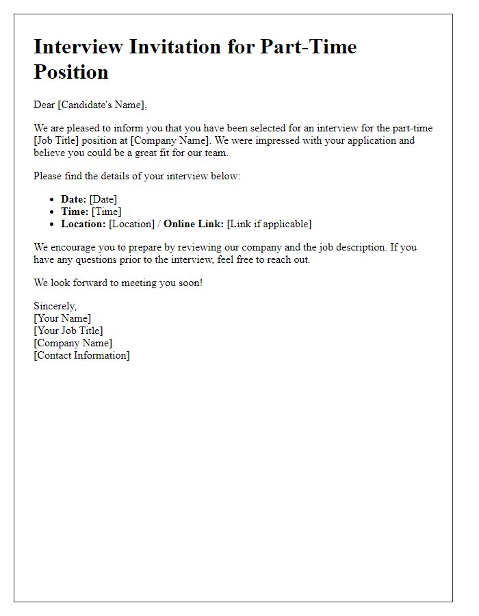 Letter template of job application interview invitation for a part-time job.