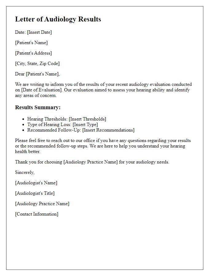 Letter template of audiology results communication