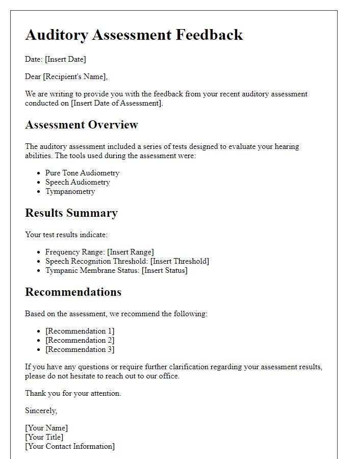 Letter template of auditory assessment feedback