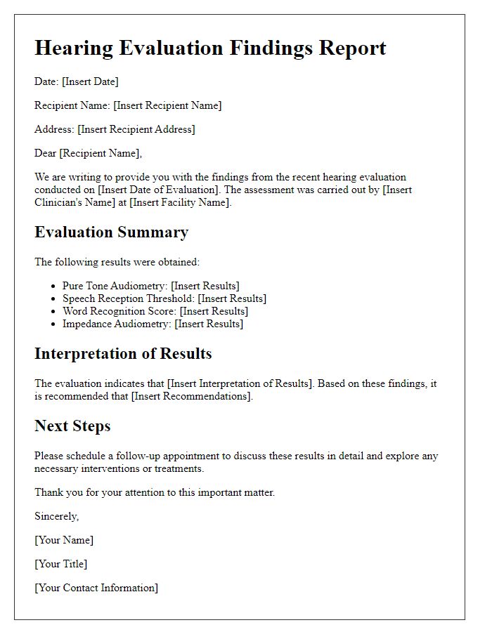 Letter template of hearing evaluation findings report