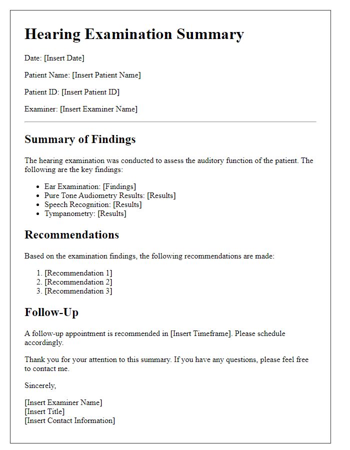 Letter template of hearing examination summary