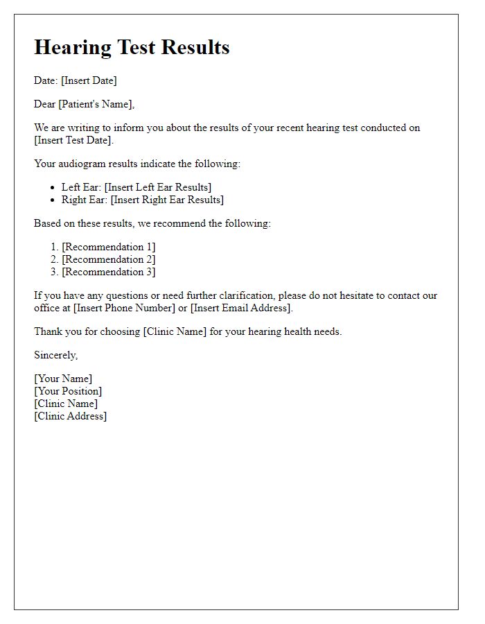 Letter template of hearing test results notification