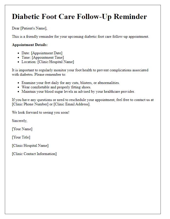 Letter template of diabetic foot care follow-up reminder