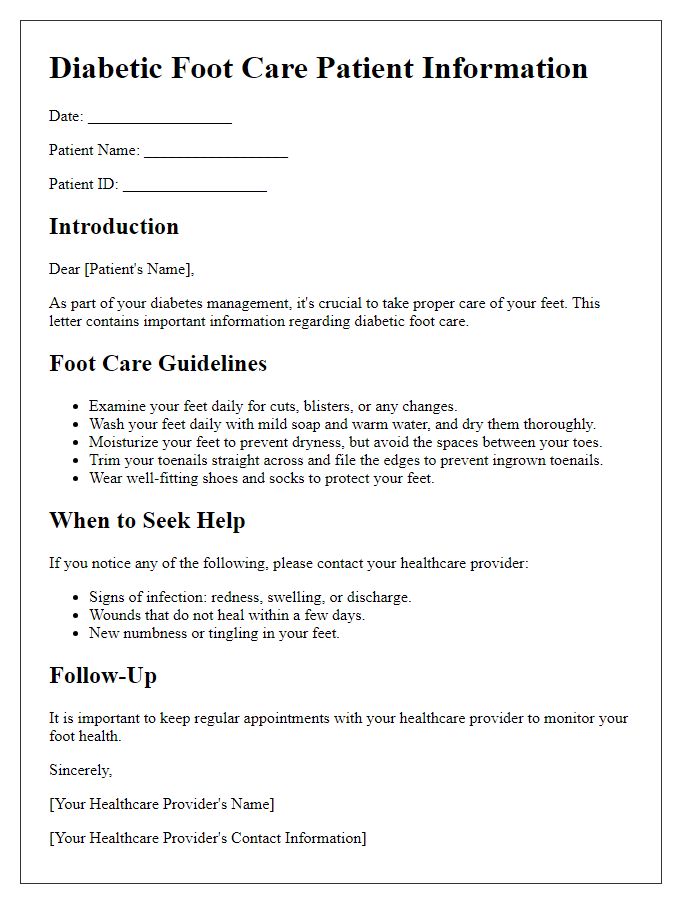 Letter template of diabetic foot care patient information