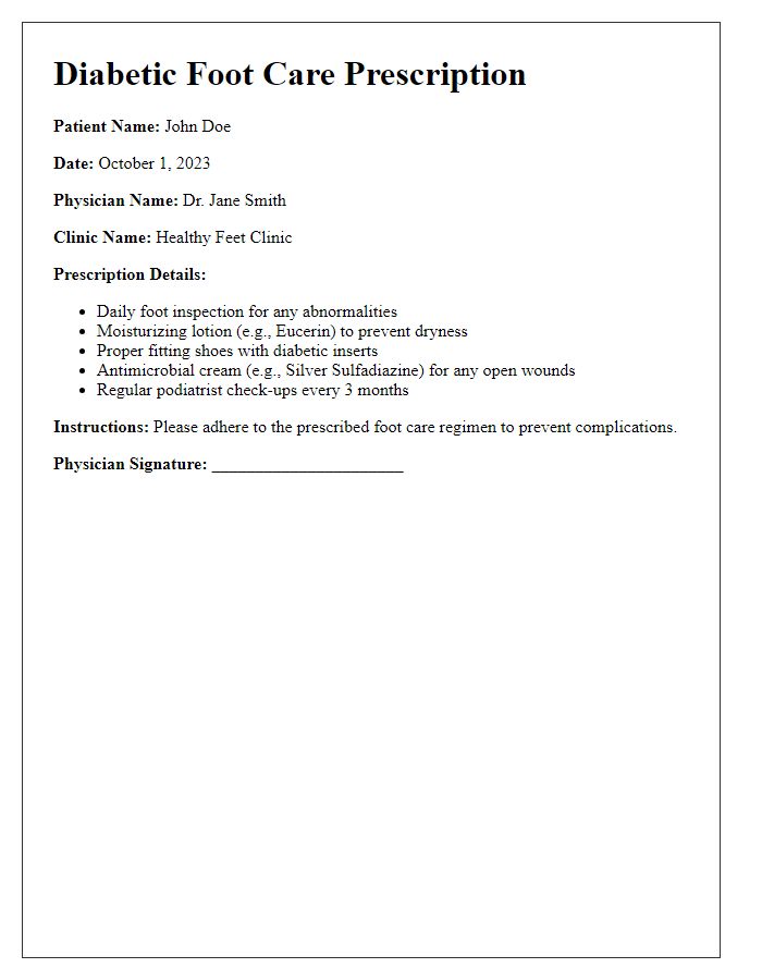 Letter template of diabetic foot care prescription details