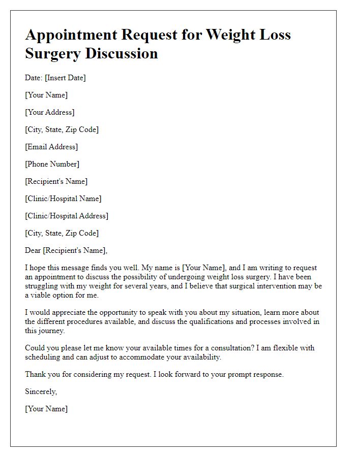 Letter template of appointment request for weight loss surgery discussion