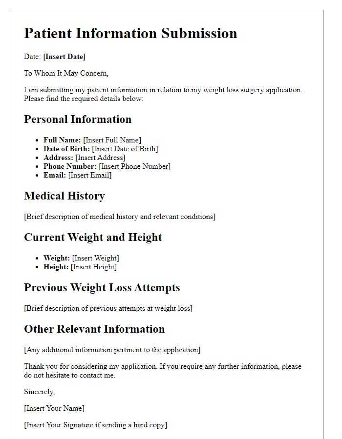 Letter template of patient information submission for weight loss surgery