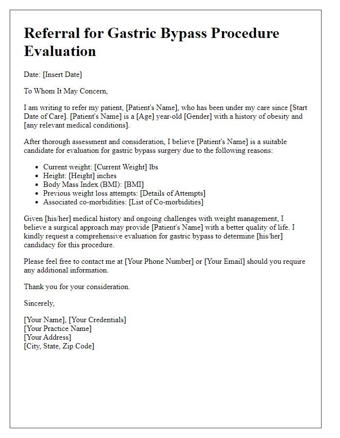 Letter template of referral for gastric bypass procedure evaluation