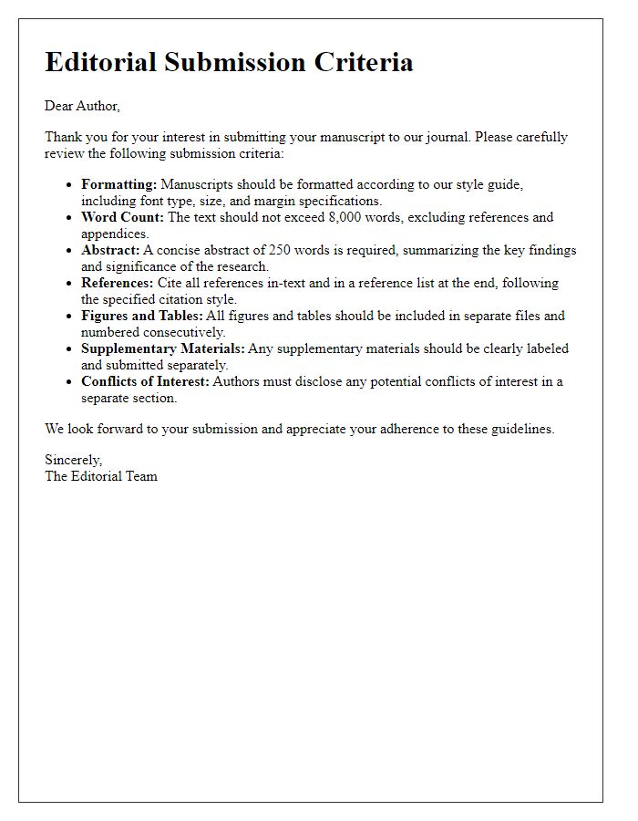 Letter template of editorial submission criteria.