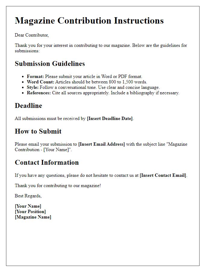 Letter template of magazine contribution instructions.