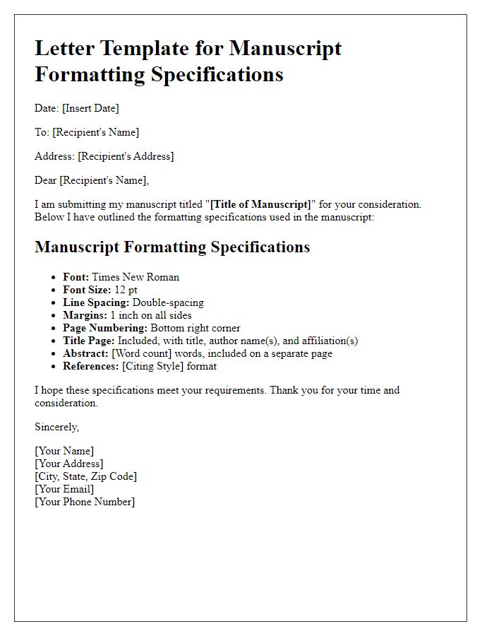 Letter template of manuscript formatting specifications.