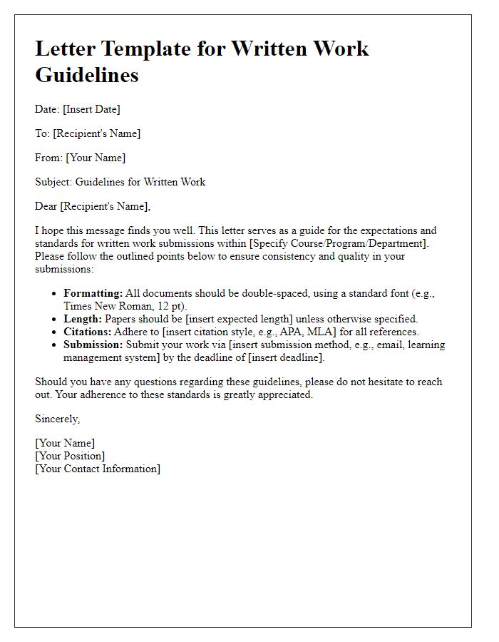 Letter template of written work guidelines.