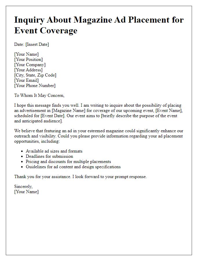 Letter template of magazine ad placement inquiry for event coverage.