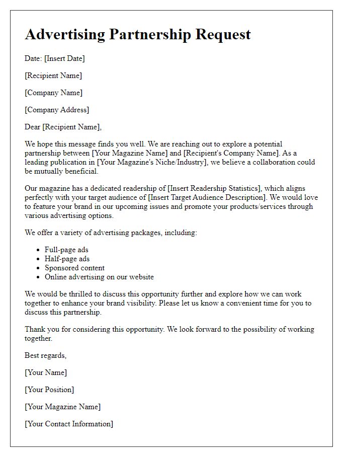 Letter template of magazine advertising request for partnership.