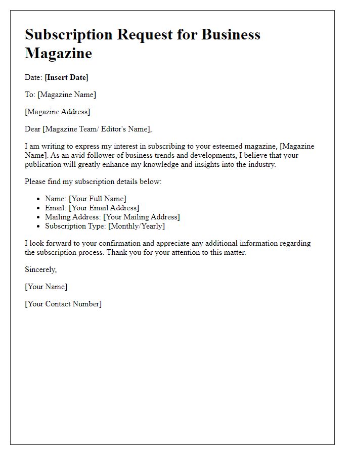 Letter template for subscribing to a business magazine.