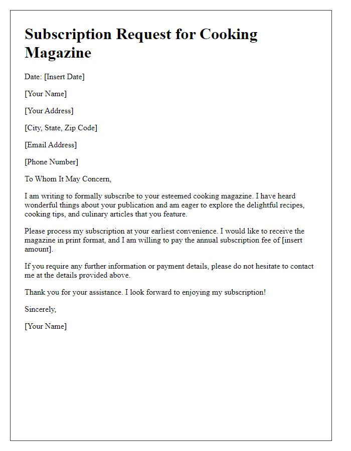 Letter template for subscribing to a cooking magazine.