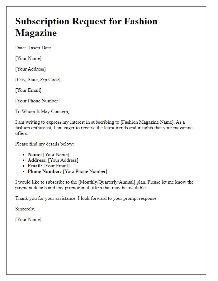 Letter template for subscribing to a fashion magazine.