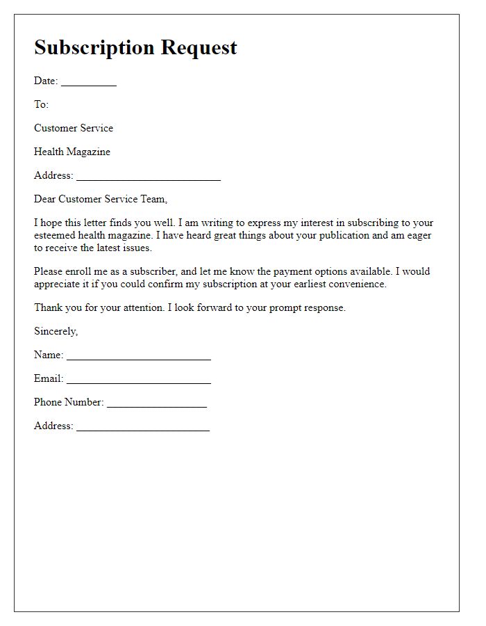 Letter template for subscribing to a health magazine.