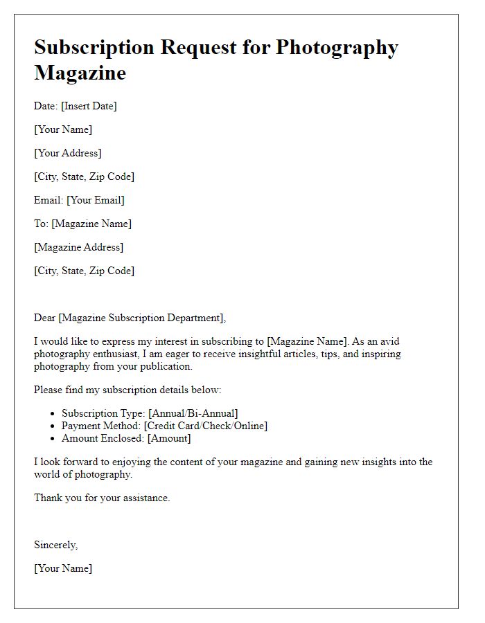 Letter template for subscribing to a photography magazine.