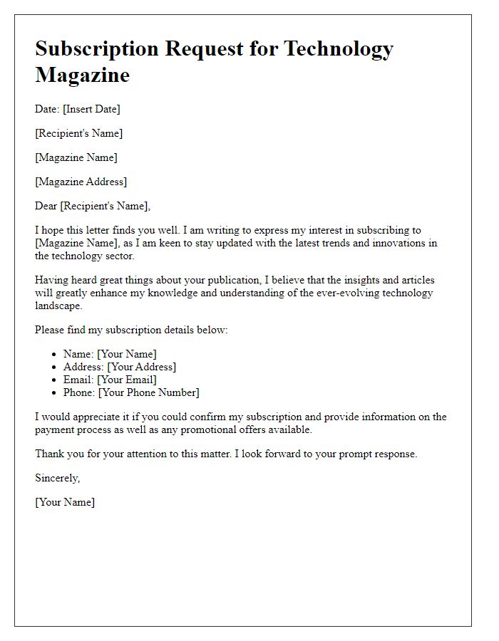 Letter template for subscribing to a technology magazine.