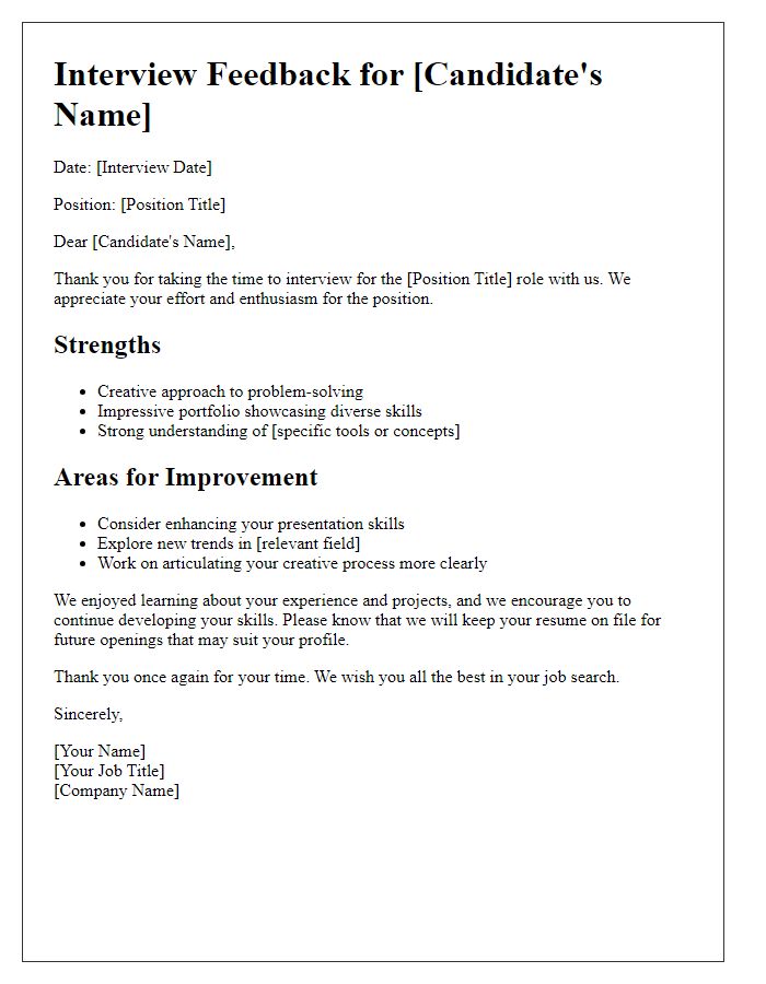 Letter template of job application interview feedback for creative positions.