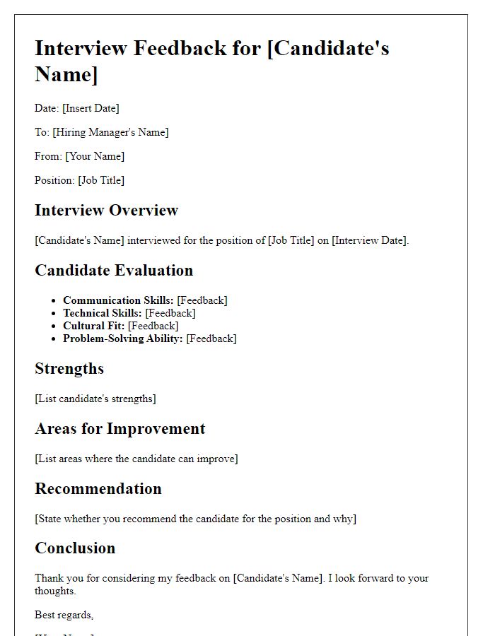 Letter template of job application interview feedback for hiring managers.