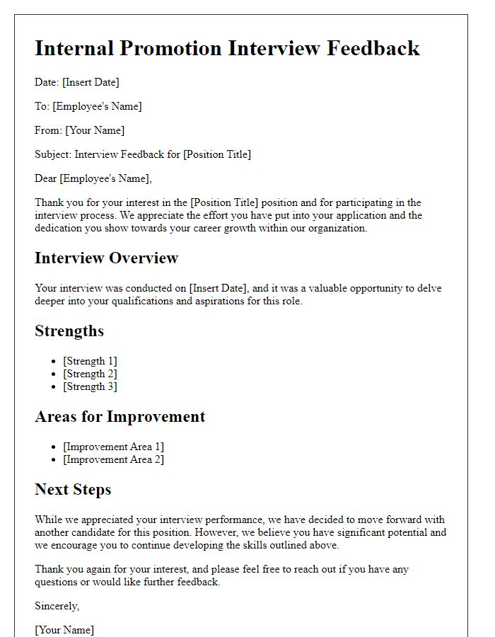 Letter template of job application interview feedback for internal promotions.