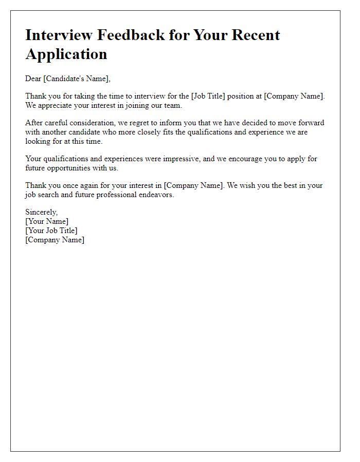 Letter template of job application interview feedback for rejected candidates.