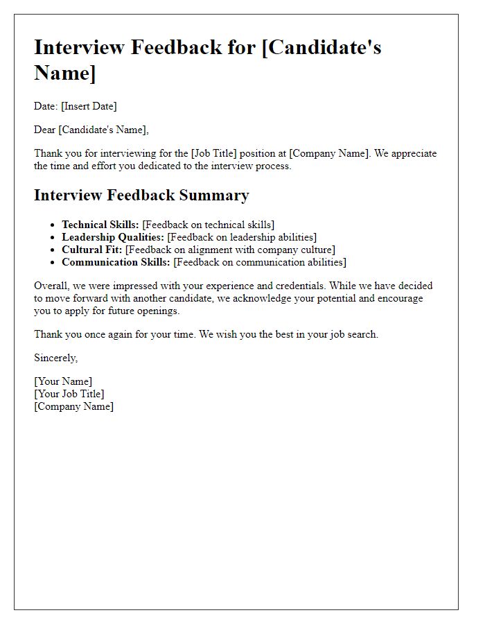 Letter template of job application interview feedback for senior roles.