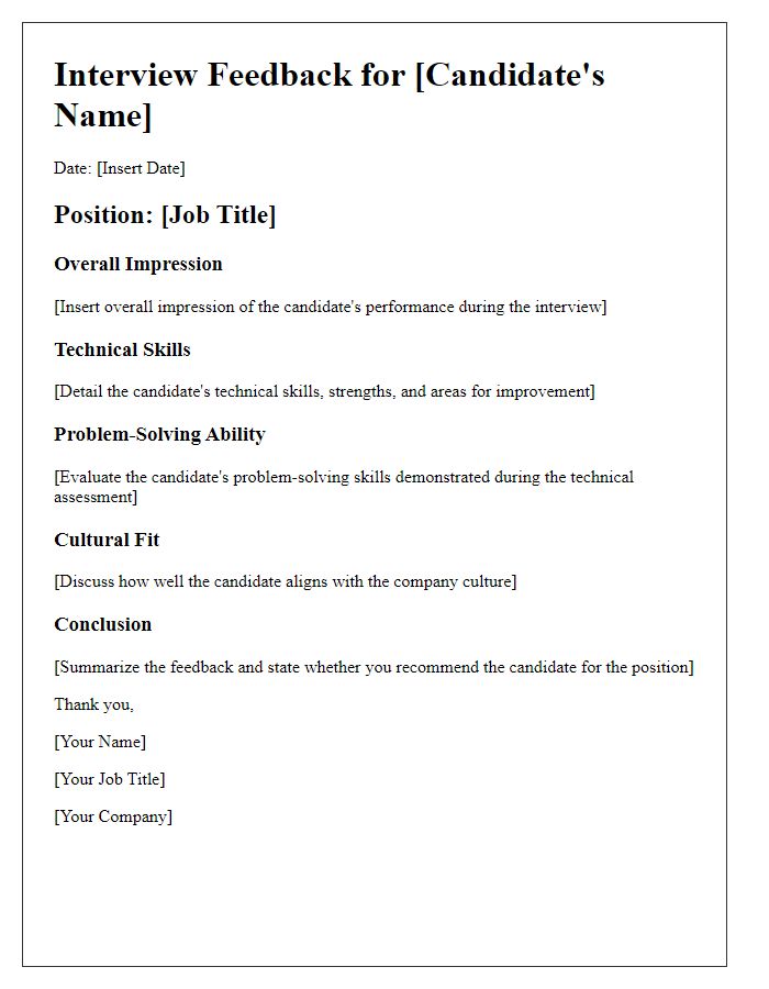 Letter template of job application interview feedback for technical roles.