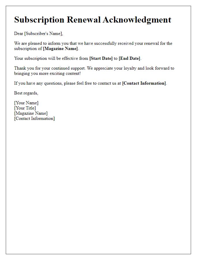 Letter template of acknowledgment for magazine subscription renewal.