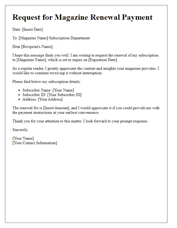 Letter template of request for magazine renewal payment.