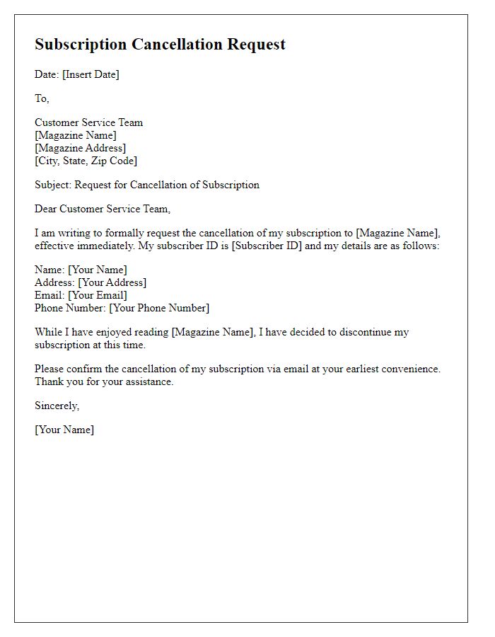 Letter template of magazine subscription cancellation request.