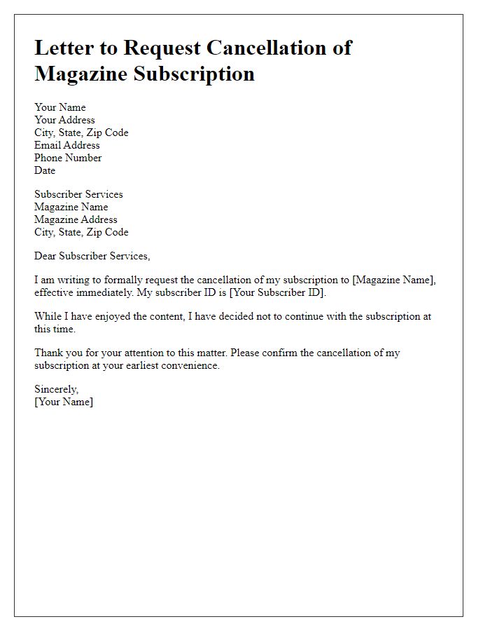 Letter template of request to end magazine subscription.