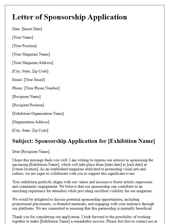 Letter template of magazine sponsorship application for an art exhibition.